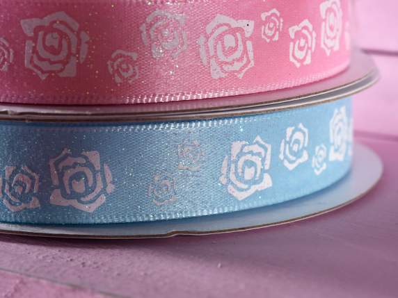 Nastro in raso azzurro 16mm con rose glitterate