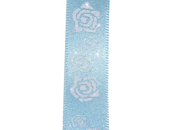 Nastro in raso azzurro 16mm con rose glitterate