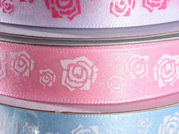 Nastro in raso 16mm rosa con rose glitter