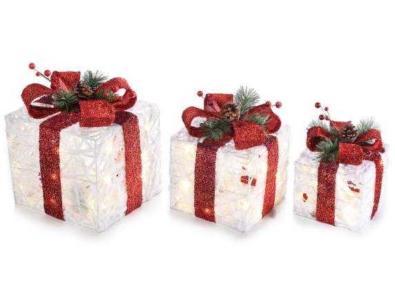 Set 3 pacchetti regalo in rattan con luci led bianco caldo