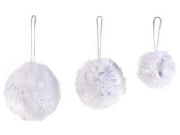 Set 3 palline eco-pelliccia c-stelle e glitter da appendere