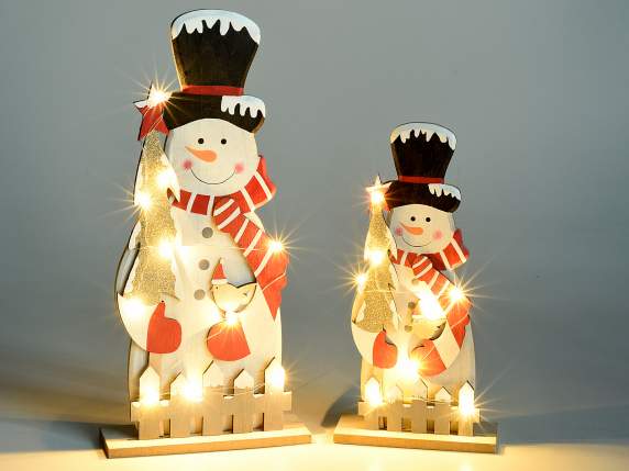 Set 2 pupazzi di neve in legno con luci led bianco caldo