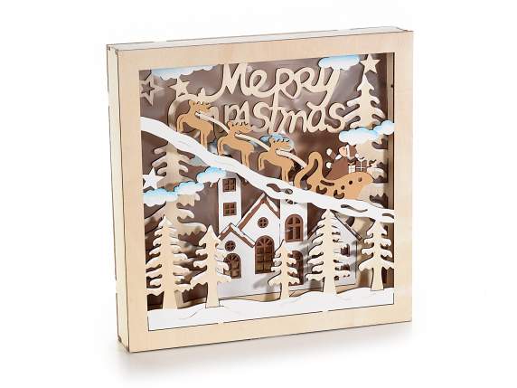 Quadro legno c-paesaggio natalizio e luci led bianco caldo