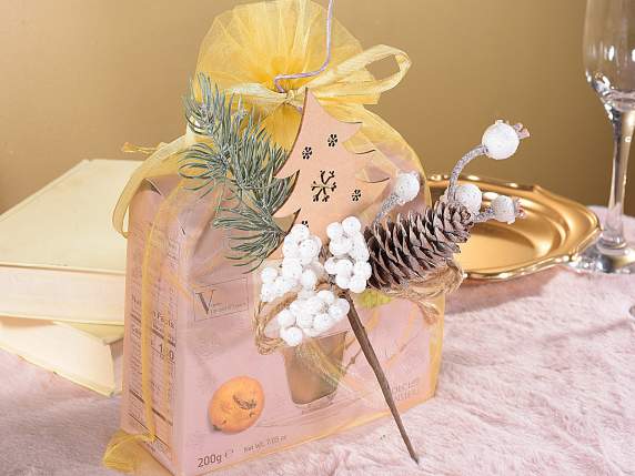 Rametto c-pigna,bacche bianche,decoro albero legno e fiocco