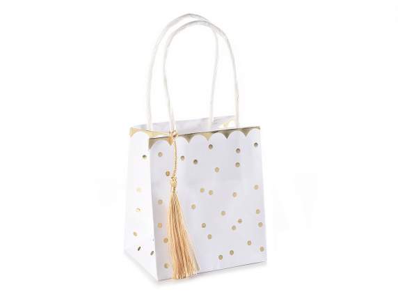 Confezione 25 borsette carta con pois,bordo e nappina dorati