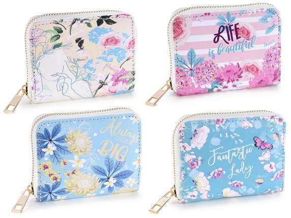 Portafoglio donna in similpelle con zip Fiori pastello