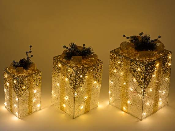 Set 3 pacchi regalo oro in metallo con luci led bianco caldo