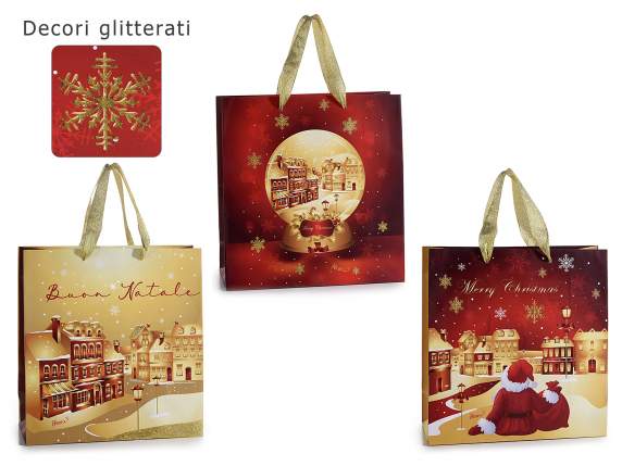 Sacchetto carta Christmas Park con manici e glitter