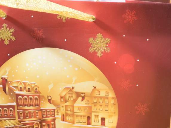 Sacchetto carta Christmas Village con manici e glitter