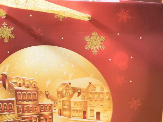 Sacchetto carta Christmas Village con manici e glitter
