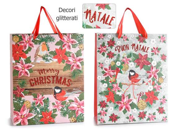 Sacchetto in carta decori natalizi c-glitter e manici raso