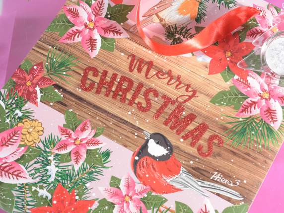 Sacchetto in carta decori natalizi c-glitter e manici raso