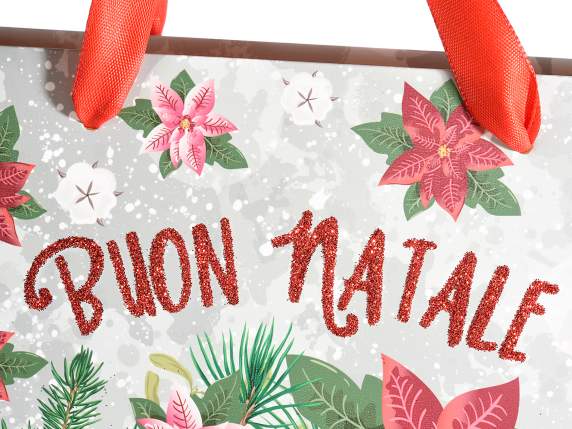 Sacchetto in carta decori natalizi c-glitter e manici raso