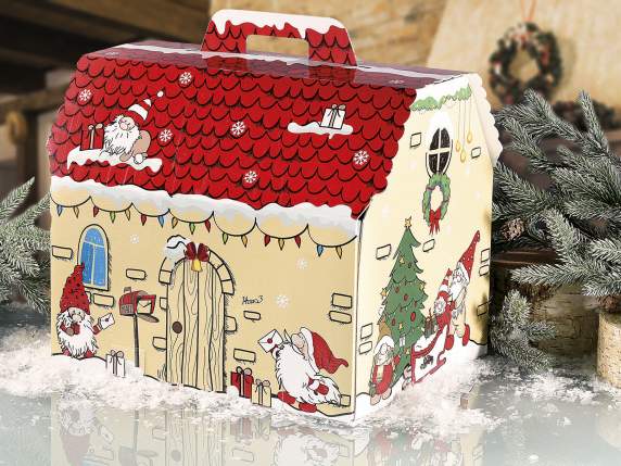 Scatola in cartone a casetta con decori natalizi e  manico