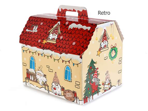 Scatola in cartone a casetta con decori natalizi e  manico