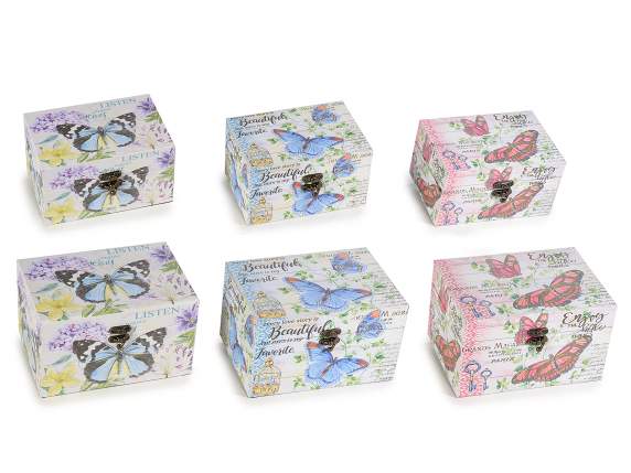 Set 2 scatole in legno c-decori farfalle e chiusura gancio