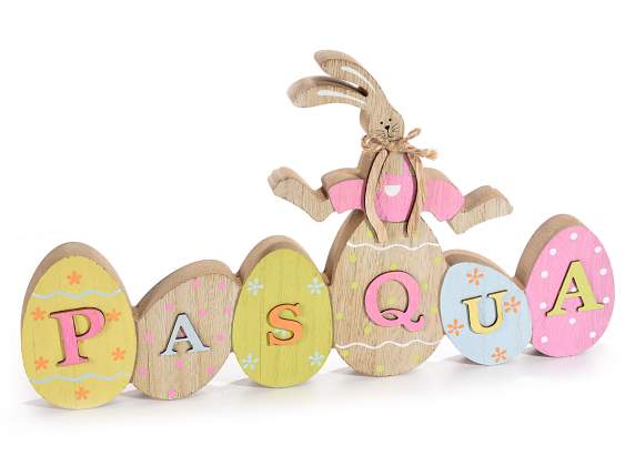 Scritta Pasqua c-uova e coniglio pasquale in legno colorato