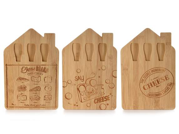 Set formaggio con tagliere in legno a casetta e 3 coltelli