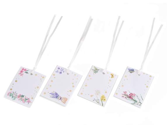 Confezione 25 tag in carta bianca stampa Fiori e nastro raso
