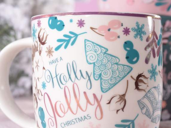 Tazza porcellana 380ml stampa Natale con decori in oro rosa