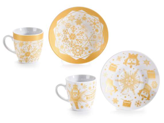 Conf. 2 tazzine caffè e piattino in porcellana decori dorati