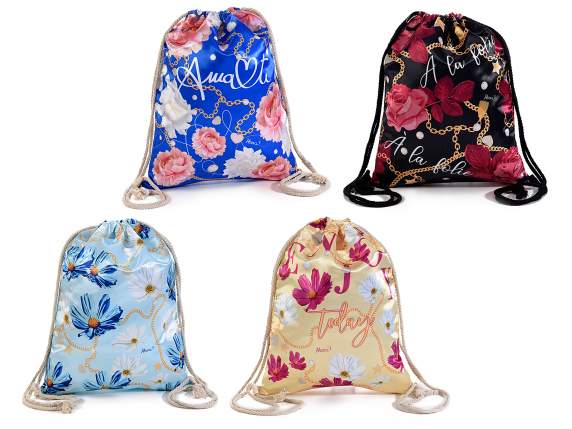 Zaino sacco satin c-stampa Fiori e catene chiusura tirante