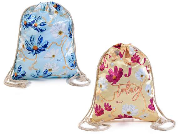 Zaino sacco satin c-stampa Fiori e catene chiusura tirante