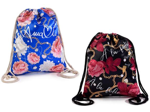 Zaino sacco satin c-stampa Fiori e catene chiusura tirante