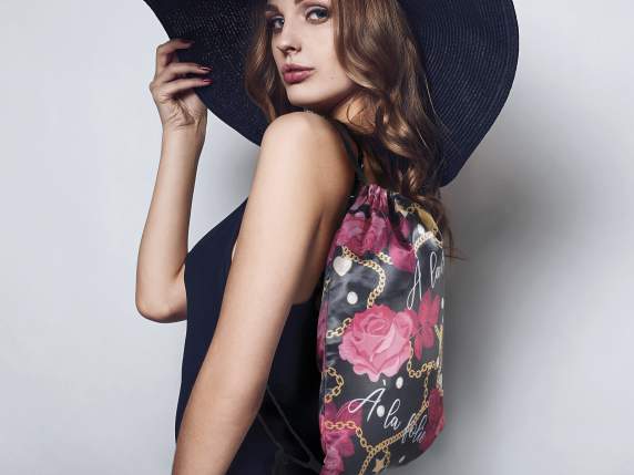Zaino sacco satin c-stampa Fiori e catene chiusura tirante