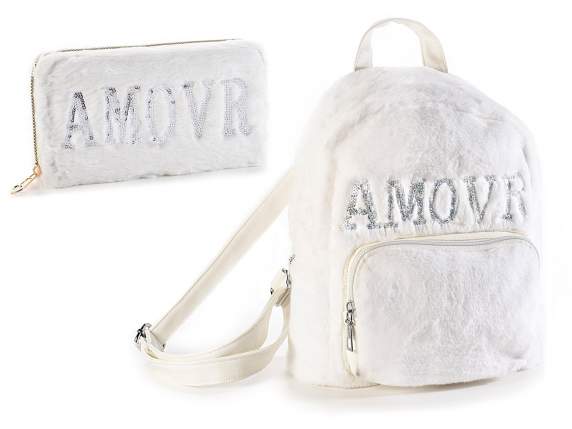Set zaino e portafoglio morbida eco-pelliccia Amour bianco