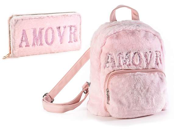 Set zaino e portafoglio morbida eco-pelliccia Amour rosa