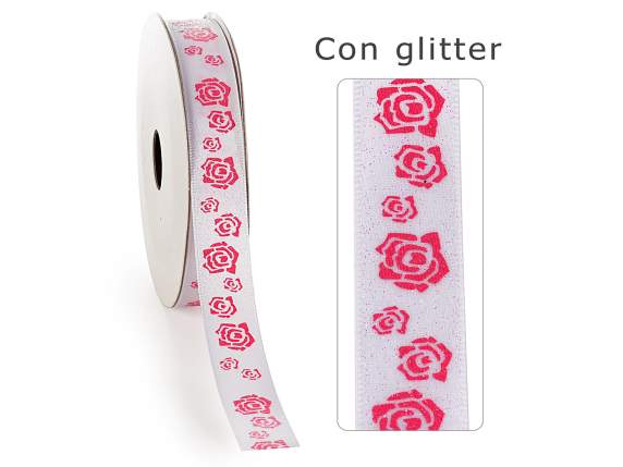 Ruban de satin blanc de 16 mm avec roses pailletées