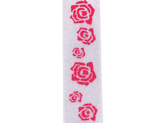 Ruban de satin blanc de 16 mm avec roses pailletées