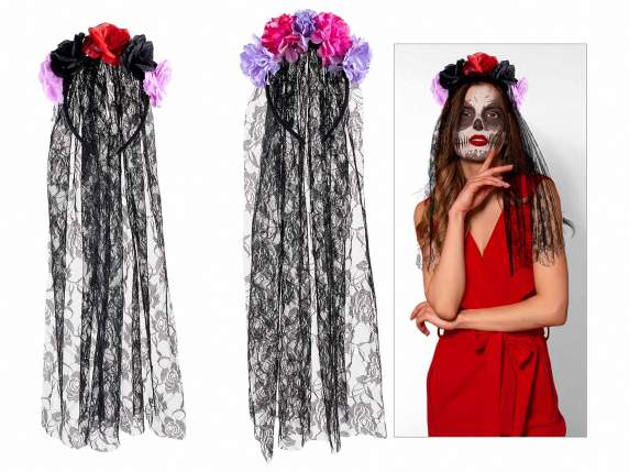 Bandeau Halloween avec fleurs en tissu et voile en dentelle