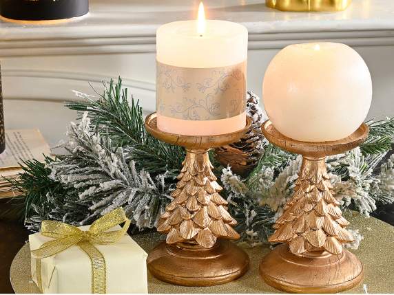 Bougeoir en résine dorée avec sculpture darbre