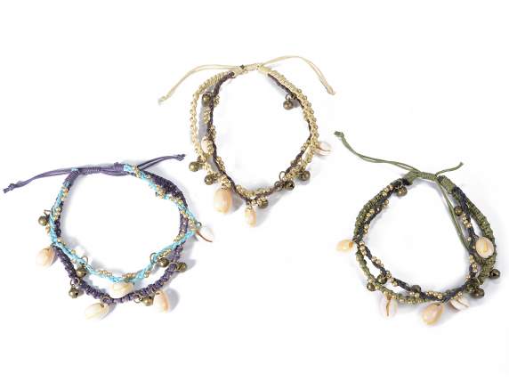 Bracelet cheville corde de coton avec coquillages et perles