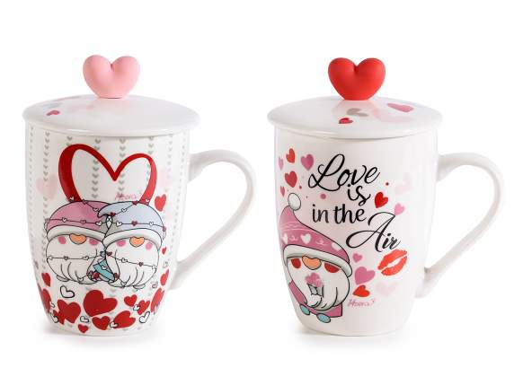 Mug en porcelaine Gnomes amoureux avec couvercle et coeur