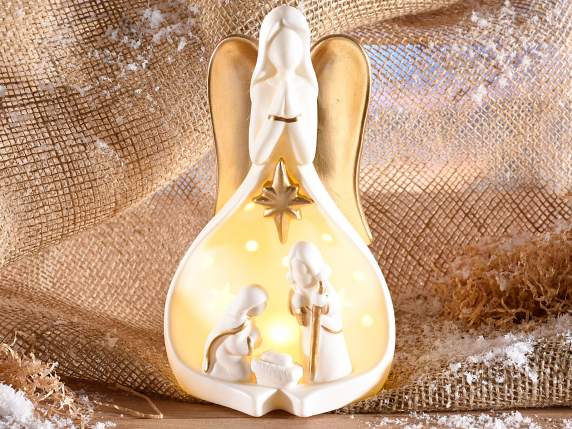 Crèche en céramique blanche et détails dorés avec lumières