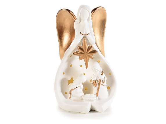 Crèche en céramique blanche et détails dorés avec lumières