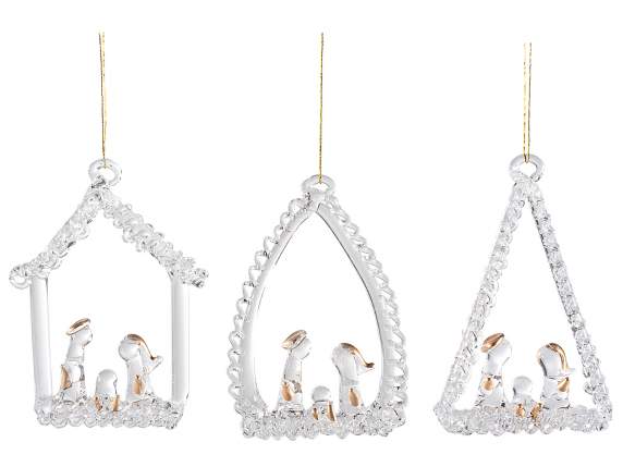 Coffret de 3 crèches en verre avec détails dorés à suspendre