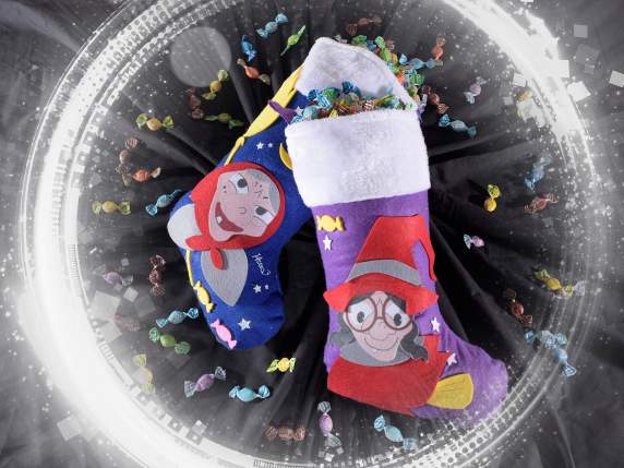 Chaussette à bonbons en tissu avec sorcière, à suspendre