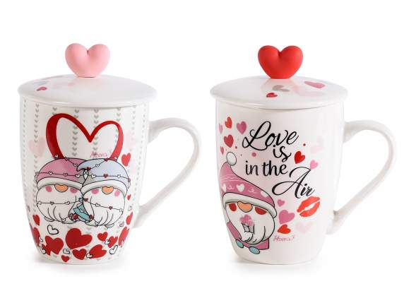 Mug en porcelaine 350ml gnomes amoureux couvercle coeur