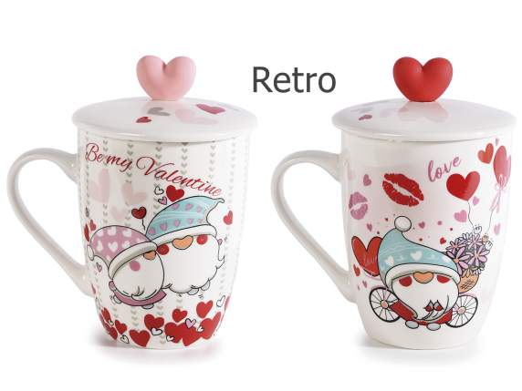Mug en porcelaine 350ml gnomes amoureux couvercle coeur