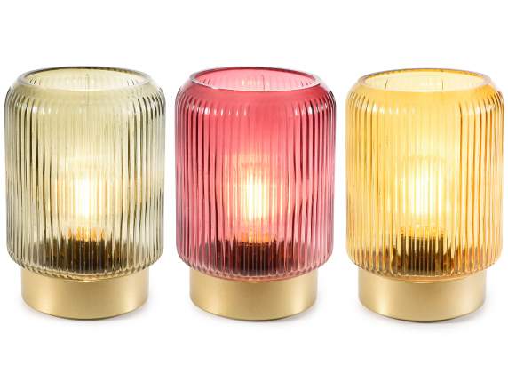 Lampe en verre coloré moleté avec base dorée et lumière LED