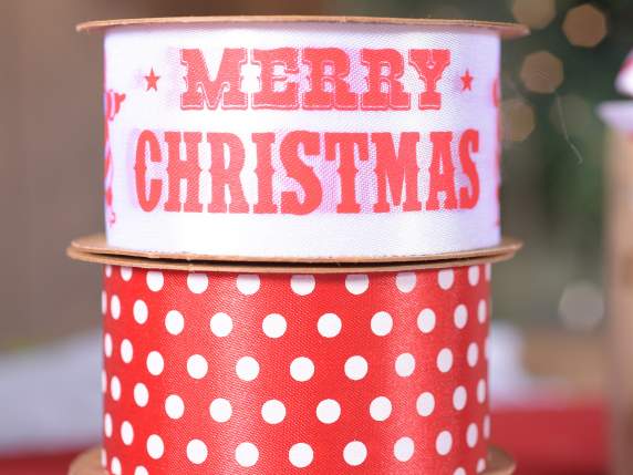 Ruban polyester blanc-rouge avec décorations de Noël