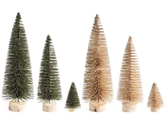 Set de 3 sapins à paillettes et socle en bois