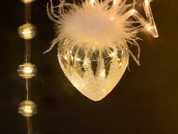 Lot de 2 coeurs en verre décorés avec lumières LED et plumes