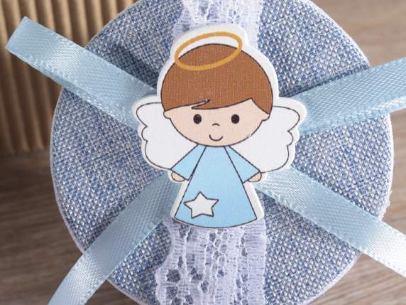 Boîte à dragées en tissu pour bébé avec ange en bois