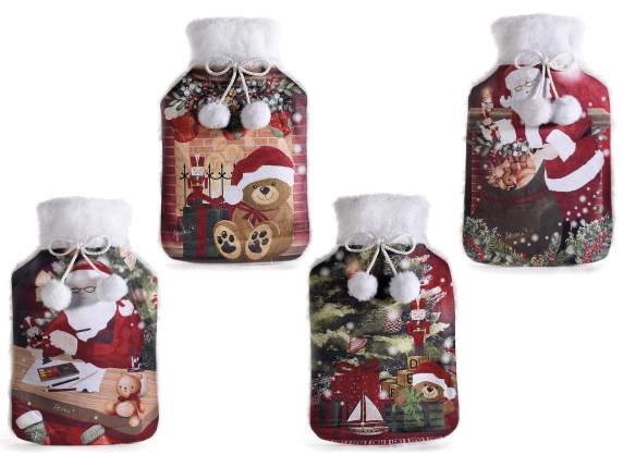 Bouillotte de Noël 1,5 L avec fourrure écologique et pompon