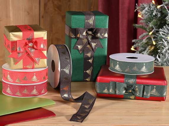 Ruban en tissu de 25 mm avec imprimé sapin de Noël doré